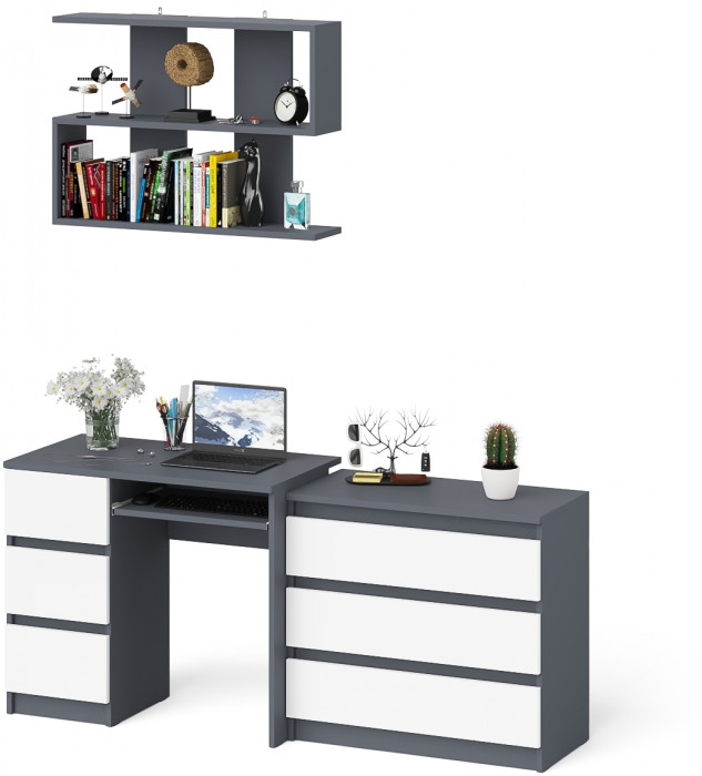 Мори Стол компьютерный МС-6 левый + Комод МК800.1 + Полка 900, цвет графит/белый, ШхГхВ 170,4х50х209,6 см., НЕ универсальная сборка