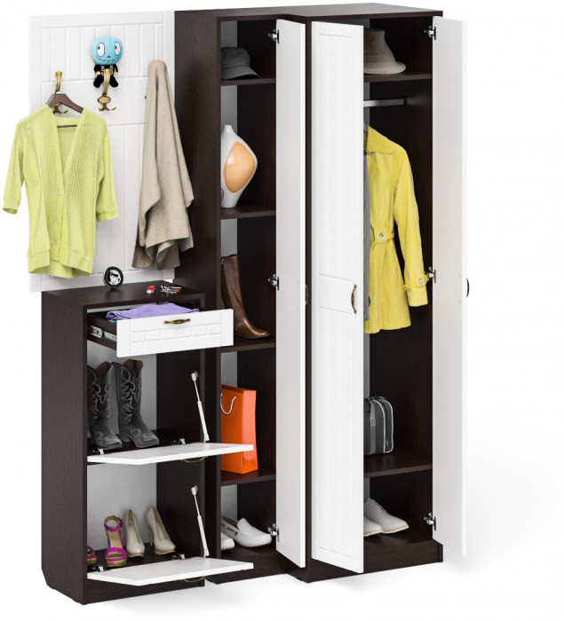 Прихожая П-6 Компоновка № 30, венге/фасады МДФ белое дерево фрезеровка прованс