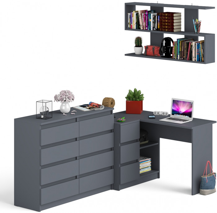 Мори компьютерный стол МС-16 левый + Комод МК1200.8 + Полка 1200, графит