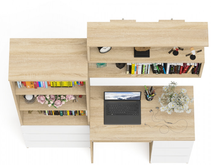 Мори Стол компьютерный МС-6 правый + Стеллаж МСТ600.3 + Полка 900, цвет дуб сонома/белый, ШхГхВ 150,4х50х209,6 см., НЕ универс. сборка