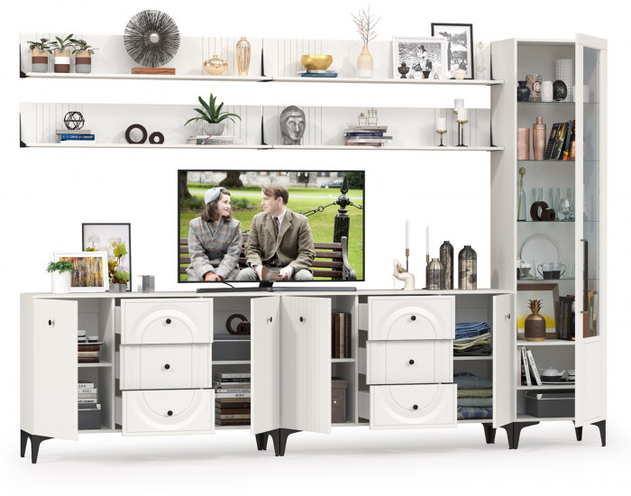 Валенсия Гостиная № 119, цвет ЛДСП белый шагрень/МДФ белый шагрень, ШхГхВ 321,3х38,4х225,2 см., универсальная сборка