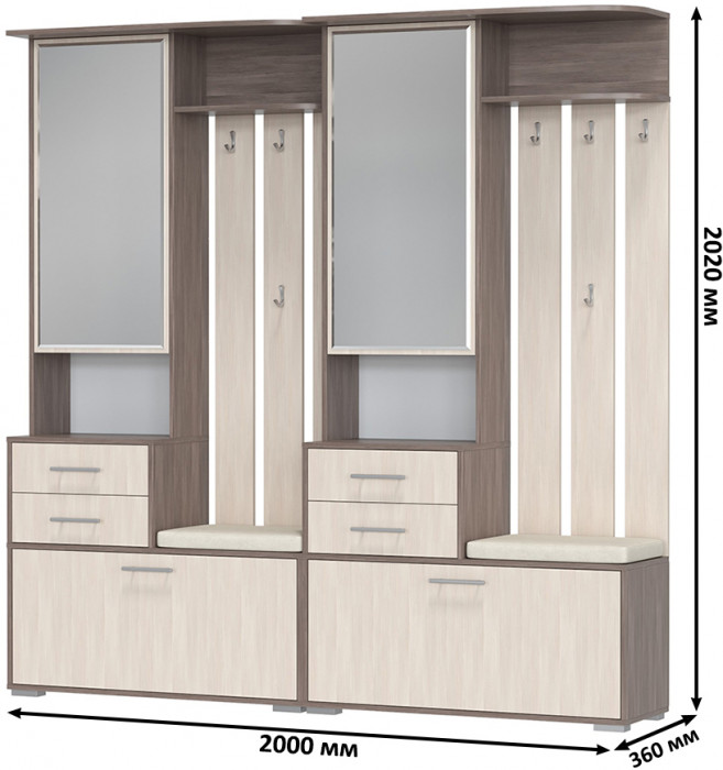 Два шкафа с вешалкой Домино 2-3431бод.тем/св, цвет бодега тёмный/бодега светлый, ШхГхВ 200х36х202 см., универсальная сборка