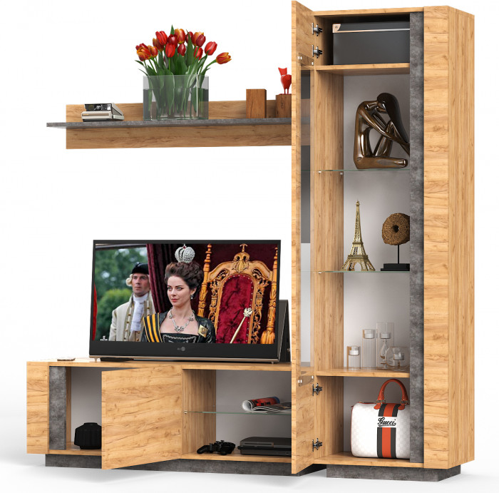 КР100 ??? Арчи № 05, цвет дуб крафт золотой/камень тёмный, ШхГхВ 190х41,3х193,7 см., ниша для ТВ 130х41х110 см., НЕ универсальная сборка