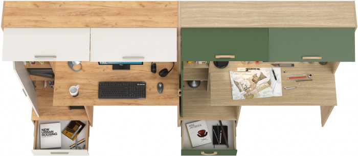 Два Стола письменных Лайт 03.243Н, дуб крафт золотой/белый премиум/плэйн/дымчатый зелёный