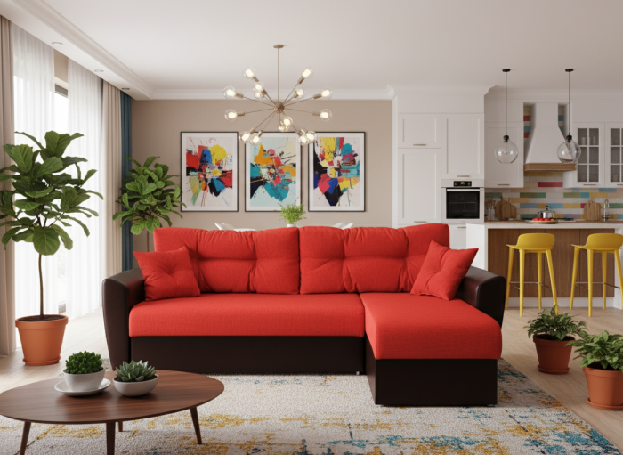 Диван-еврокнижка угловой Амстердам, 160х200, велюр/экокожа красный