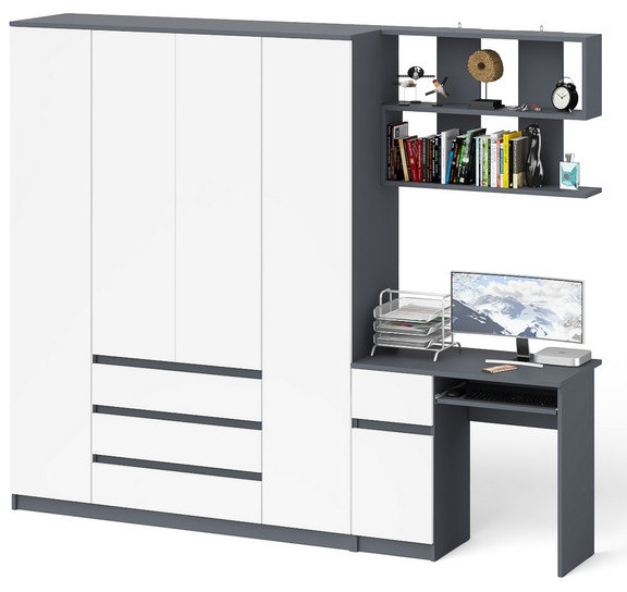 Мори компьютерный стол МС-1 левый + Шкаф МШ1600.1 + Полка 900, графит/белый