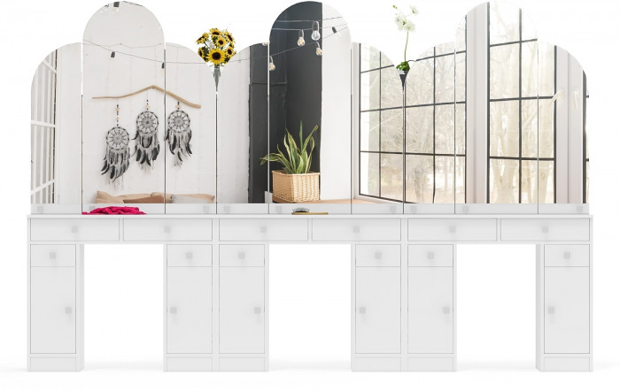 Три туалетных столика Трельяжа МД №2, цвет белый шагрень, ШхГхВ 270х31х178 см. (Трельяж (Туалетный столик № 2))