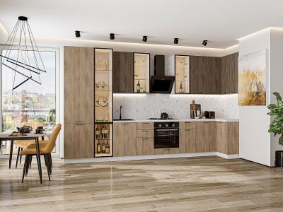 Кухонный гарнитур угловой Флэт-05, МДФ, 400×100 см, Белый/Коричневый дуб/Натуральный дуб, стеклополки (Антарес)