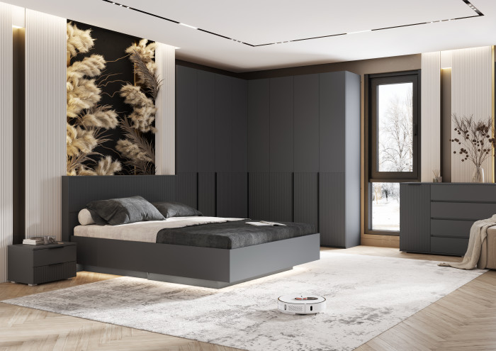 Кровать парящая с ортопед. основанием Марвэл 1,6м с подсветкой, Графит/Браш графит