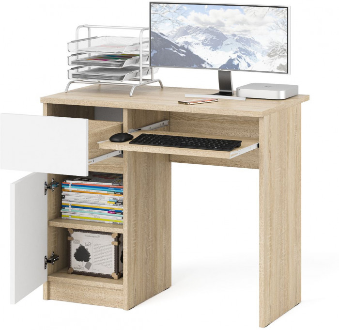 Мори Стол компьютерный МС-1 левый, цвет дуб сонома/белый, ШхГхВ 90х50х76,6 см., выдвижной ящик слева, НЕ универсальная сборка