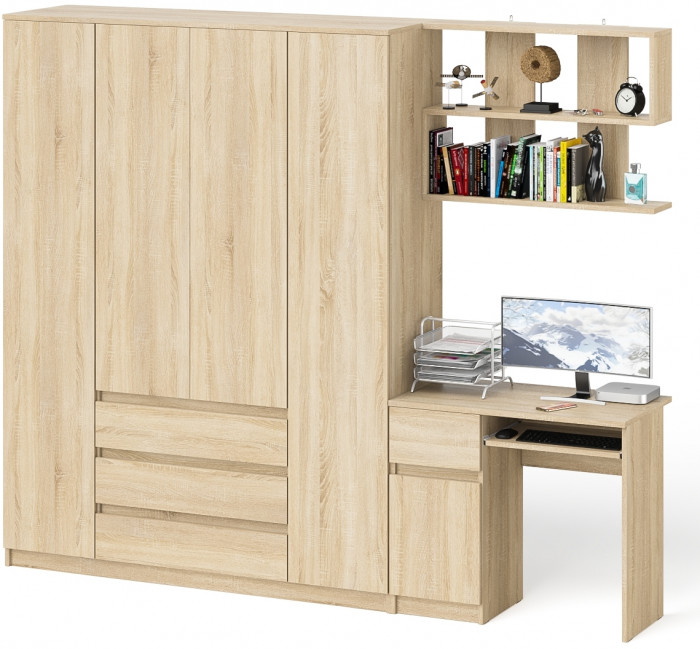 Мори компьютерный стол МС-1 левый + Шкаф МШ1600.1 + Полка 900, дуб сонома