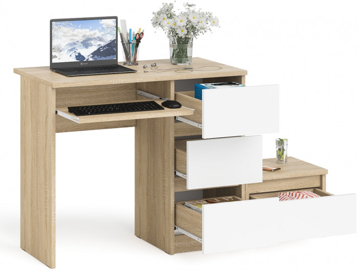 Мори компьютерный стол МС-6 правый + Тумба ТМП400.1, дуб сонома/белый