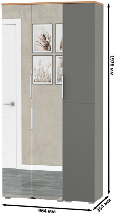 Октава 13.338 Шкаф для одежды + 13.228 Пенал, цвет серый графит/дуб крафт золотой/фасады МДФ серый графит и зеркало, ШхГхВ 96,4х35,3х197,6 см, ун. сб.