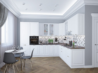 Кухонный гарнитур угловой Ницца-04, МДФ/Стекло, 320×270 см, Белый (Мрамор черный)