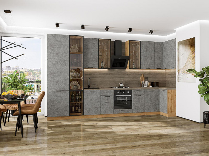 Кухонный гарнитур угловой Флэт-05, ЛДСП, 400×100 см, Вотан/Камень, стеклополки (Дуб табак)