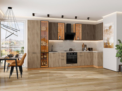 Кухонный гарнитур угловой Флэт-05, МДФ, 400×100 см, Вотан/Коричневый дуб/Натуральный дуб, стеклополки (Кварц белый)