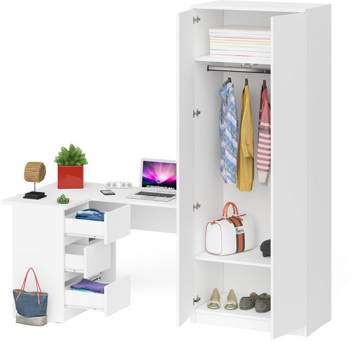Мори Стол компьютерный МС-16 левый + Шкаф МШ800.1, цвет белый, ШхГхВ 204,8х84,9х209,6 см., выдвижные ящики слева, НЕ универсальная сборка