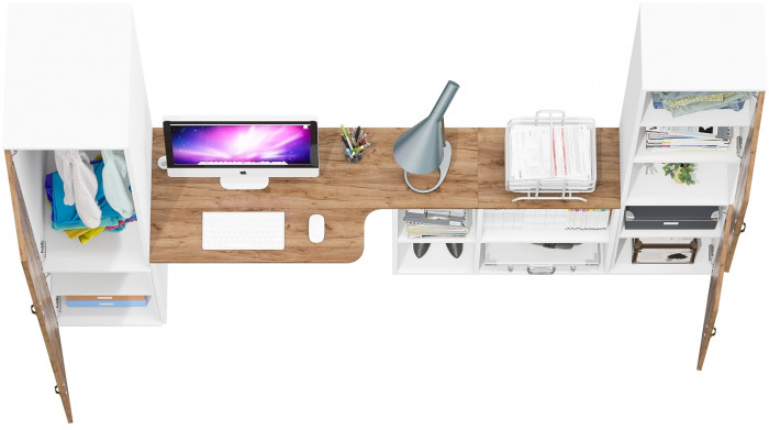 Лидер-8 Пенал МД 23Б + Стол + Пенал, белый шагрень/крафт золото