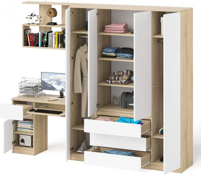 Мори компьютерный стол МС-1 левый + Шкаф МШ1600.1 + Полка 900, дуб сонома/белый