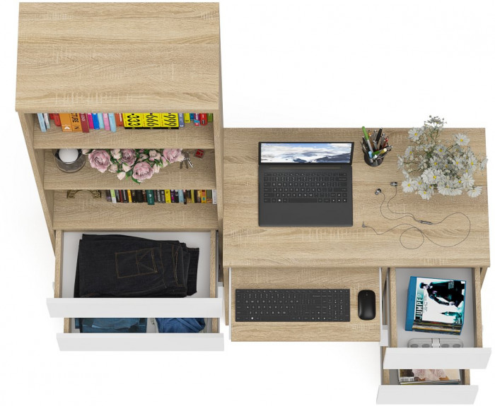 Мори Стол компьютерный МС-6 правый + Стеллаж МСТ600.3, цвет дуб сонома/белый, ШхГхВ 150,4х50х179,6 см., выдвижные ящики справа, НЕ универс. сборка