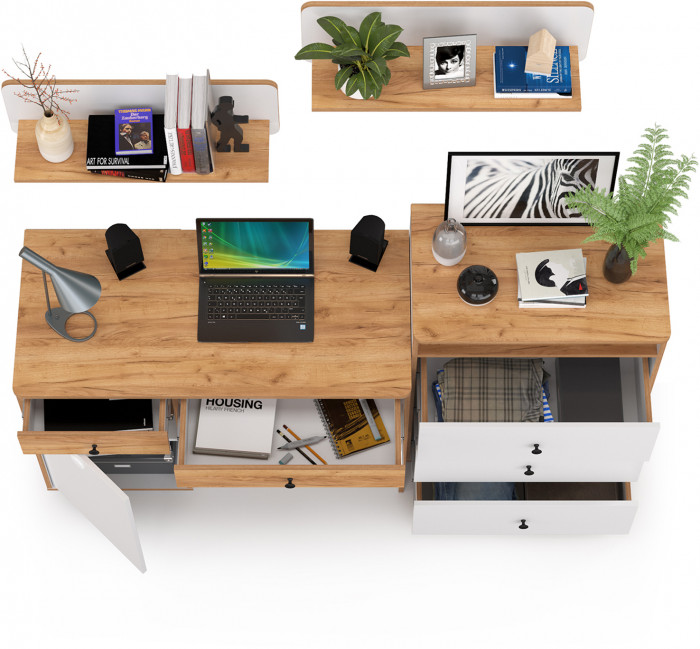 Вуди Компоновка № 48, цвет белый премиум/дуб крафт золотой, ШхГхВ 180х52,7х180 см., универсальная сборка