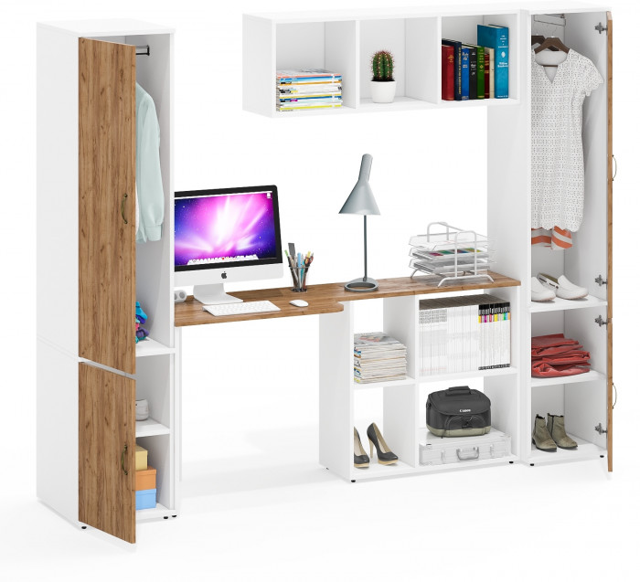 Лидер-8 Пенал МД 23Б + Стол + Полка + Пенал 21Б, белый шагрень/крафт золото