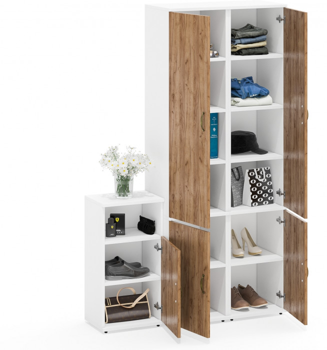 Лидер-8 Пенал МД 22Б + Пенал МД 22Б + Тумба МД 3.19, цвет белый шагрень/крафт золото, ШхГхВ 120х37,5х190 см., универсальная сборка