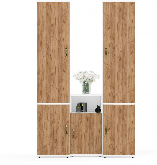 Лидер-8 Пенал МД 22Б + Пенал МД 22Б + Тумба МД 3.19, цвет белый шагрень/крафт золото, ШхГхВ 120х37,5х190 см., универсальная сборка