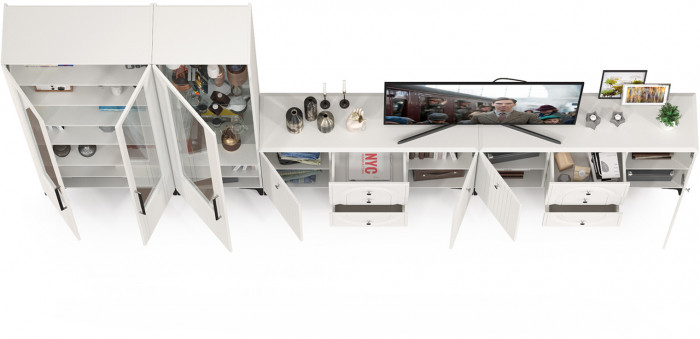 Валенсия Гостиная № 123, цвет ЛДСП белый шагрень/МДФ белый шагрень, ШхГхВ 405,4х38,4х225,2 см., универсальная сборка