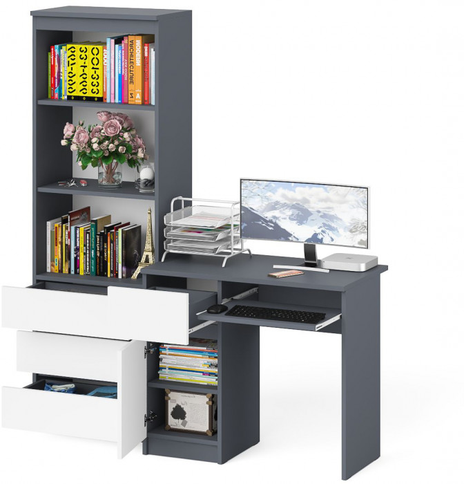 Мори Стол компьютерный МС-1 левый + Стеллаж МСТ600.3, цвет графит/белый, ШхГхВ 150,4х50х179,6 см., выдвижной ящик слева, НЕ универсальная сборка