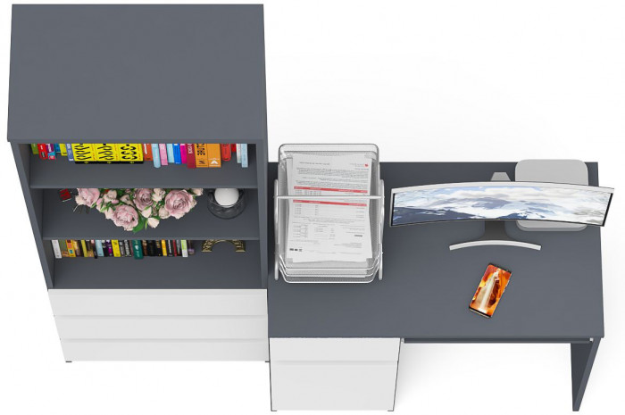 Мори Стол компьютерный МС-1 левый + Стеллаж МСТ600.3, цвет графит/белый, ШхГхВ 150,4х50х179,6 см., выдвижной ящик слева, НЕ универсальная сборка