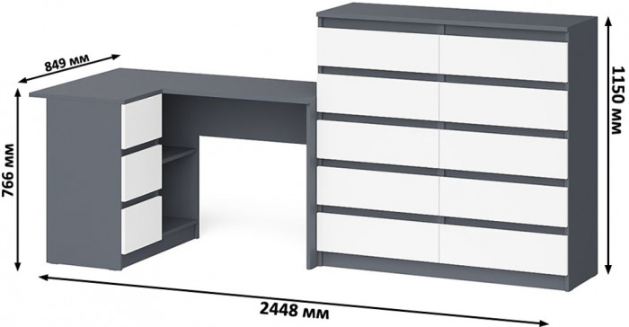 Мори Стол компьютерный МС-16 левый + Комод МК1200.10, цвет графит/белый, ШхГхВ 244,8х84,9х115 см., выдвижные ящики слева, НЕ универсальная сборка