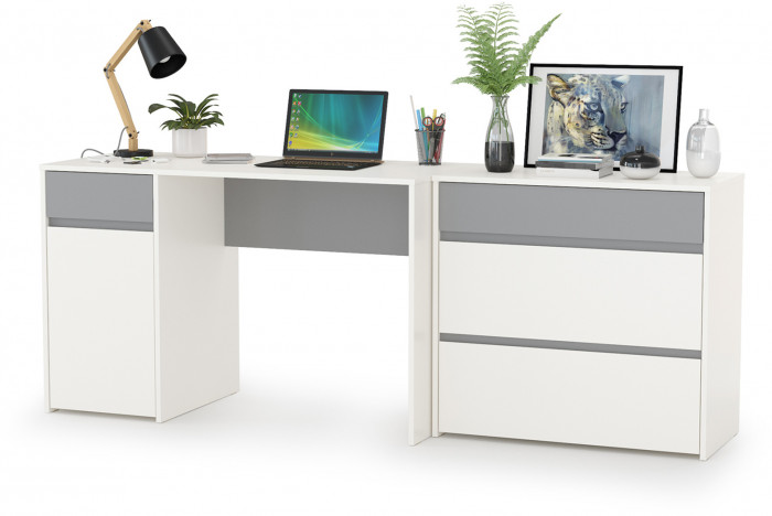 Торонто 12.149 Стол + 13.321 Комод, цвет белый шагрень/стальной серый, ШхГхВ 200х53,1х75,3 см., универсальная сборка