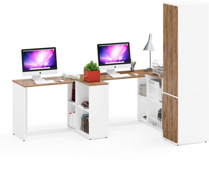 Лидер-8 Стол + Стол + Пенал МД 23Б + Тумба МД 3.19, белый шагрень/крафт золото