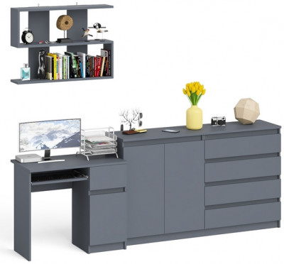 Мори компьютерный стол МС-1 правый + Комод МК1600.1 + Полка 900, графит