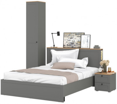 Остин 11.53 Кровать + ортопед + 13.227 Шкаф-пенал + 16.152 Тумба прикроватная, серый графит/дуб крафт золотой