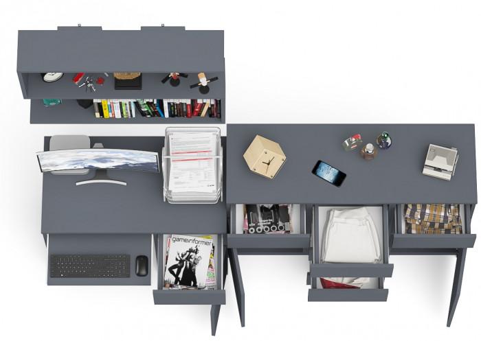 Мори Стол компьютерный МС-1 правый + Комод МК1200.4 + Полка 900, цвет графит, ШхГхВ 210,4х50х209,6 см., НЕ универсальная сборка