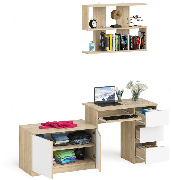 Мори Стол компьютерный МС-6 правый + Тумба МА900.1 + Полка 900, цвет дуб сонома/белый, ШхГхВ 180,4х50,4х209,6 см., НЕ универсальная сборка