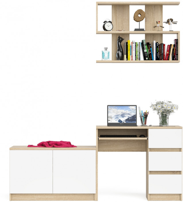 Мори Стол компьютерный МС-6 правый + Тумба МА900.1 + Полка 900, цвет дуб сонома/белый, ШхГхВ 180,4х50,4х209,6 см., НЕ универсальная сборка