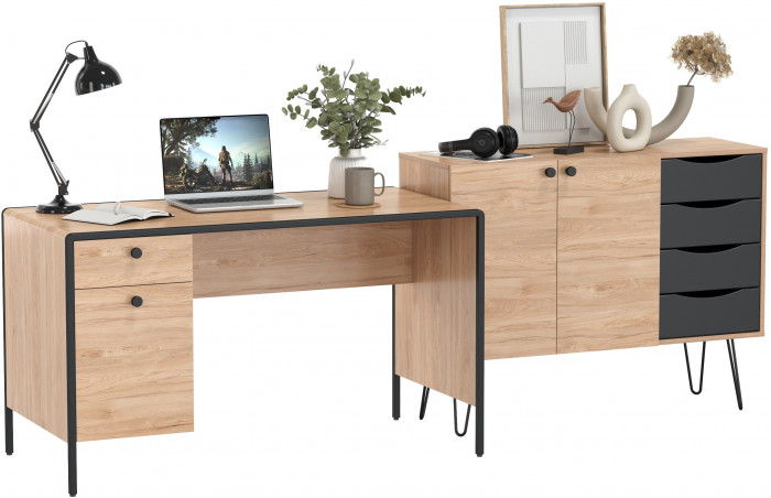 Брюс Стол письменный 12.157 + Комод 16.233, цвет чёрный/Battle rock Santiago/столешница МДФ ель карпатская, 243,4х62,6(38,3)х75(85,6) см., ун. сб.