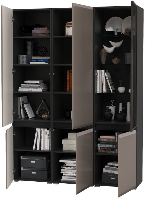 Сидней 13.200 Шкаф 2 штуки + Шкаф-витрина 13.201, цвет корпус: антрацит/фасады: МДФ веллюто капучино/стекло, ШхГхВ 150х41,3х205,2 см., универс. сб.