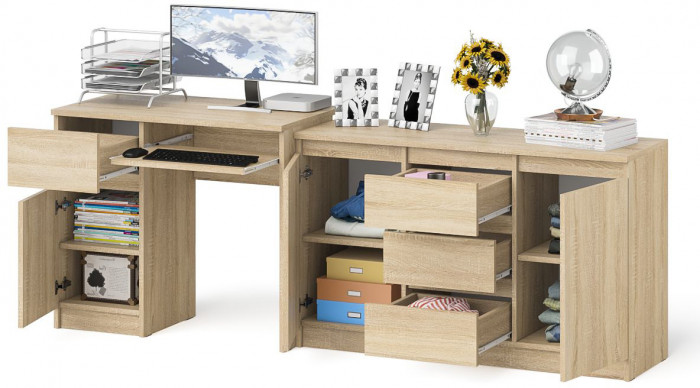 Мори Стол компьютерный МС-1 левый + Комод МК1200.3, цвет дуб сонома, ШхГхВ 210,4х50х76,6 см., выдвижной ящик слева, НЕ универсальная сборка