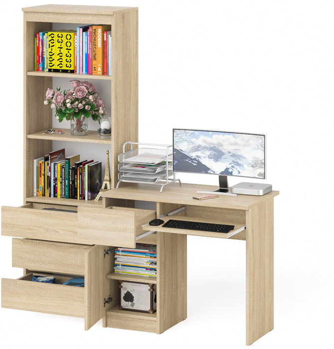 Мори Стол компьютерный МС-1 левый + Стеллаж МСТ600.3, цвет дуб сонома, ШхГхВ 150,4х50х179,6 см., выдвижной ящик слева, НЕ универсальная сборка