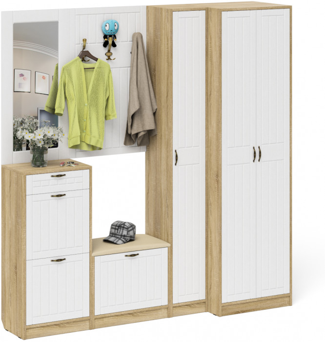 Прихожая П-6 Компоновка № 31, дуб сонома/фасады МДФ белое дерево фрезеровка прованс