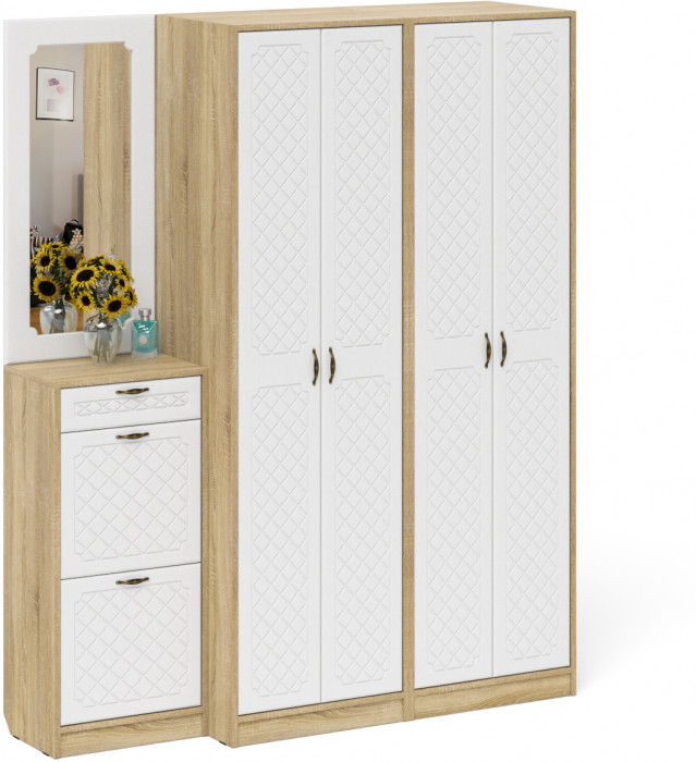 Прихожая П-6 Компоновка № 14, цвет дуб сонома/фасады МДФ белое дерево фрезеровка ромб, ШхГхВ 170х50х210 см., универсальная сборка