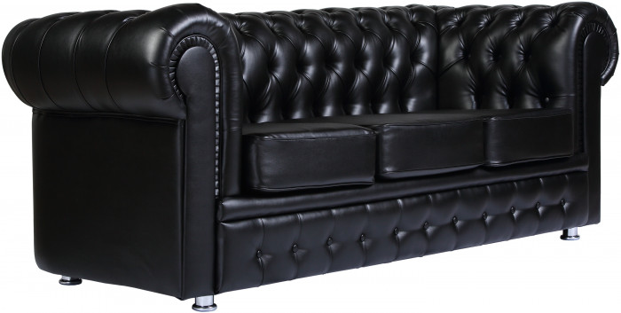 Диван кожаный черный, прямой 3-х местный, для дома, офиса, гостиной, кабинета Честер