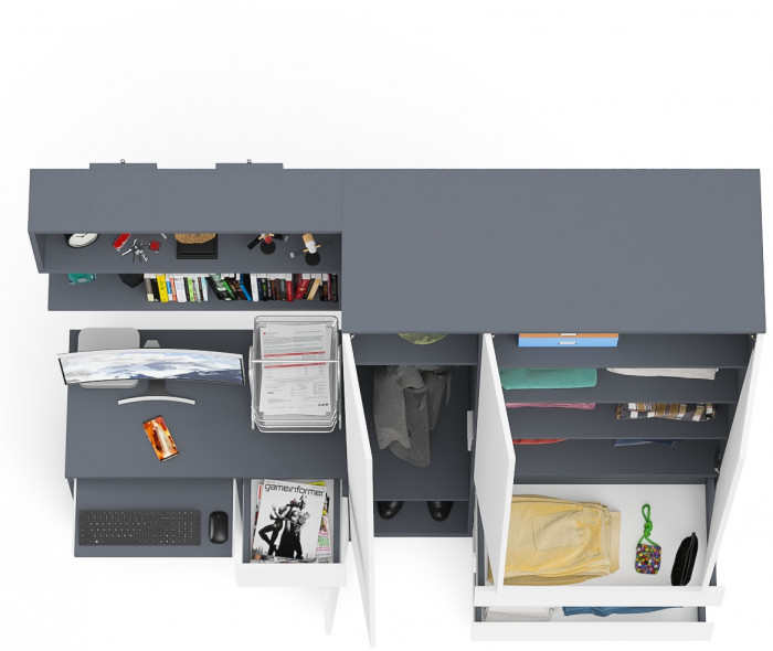 Мори компьютерный стол МС-1 правый + Шкаф МШ1200.1 + Полка 900, графит/белый