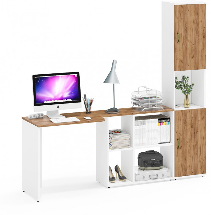 Лидер-8 Стол + Пенал, цвет белый шагрень/крафт золото, ШхГхВ 205х50/30х75/190 см. или 115х50/120х75/190 см., НЕ универсальная сборка