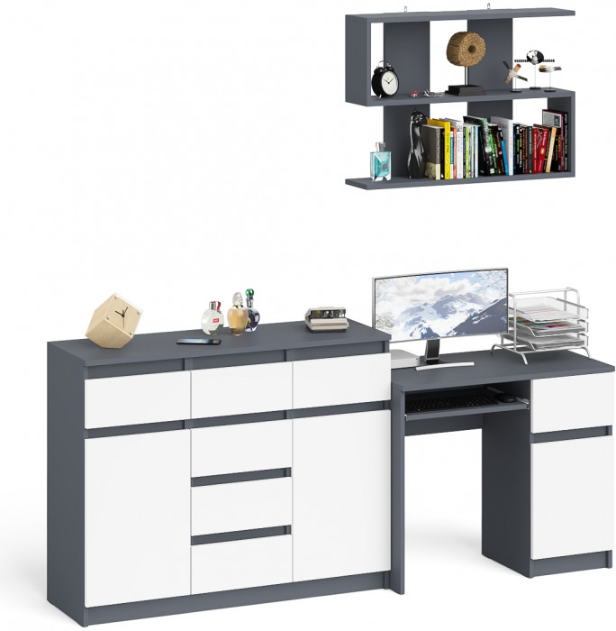 Мори Стол компьютерный МС-1 правый + Комод МК1200.4 + Полка 900, цвет графит/белый, ШхГхВ 210,4х50х209,6 см., НЕ универсальная сборка