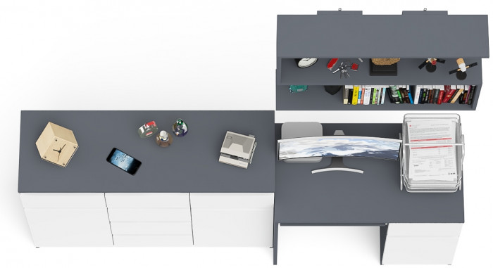 Мори Стол компьютерный МС-1 правый + Комод МК1200.4 + Полка 900, цвет графит/белый, ШхГхВ 210,4х50х209,6 см., НЕ универсальная сборка